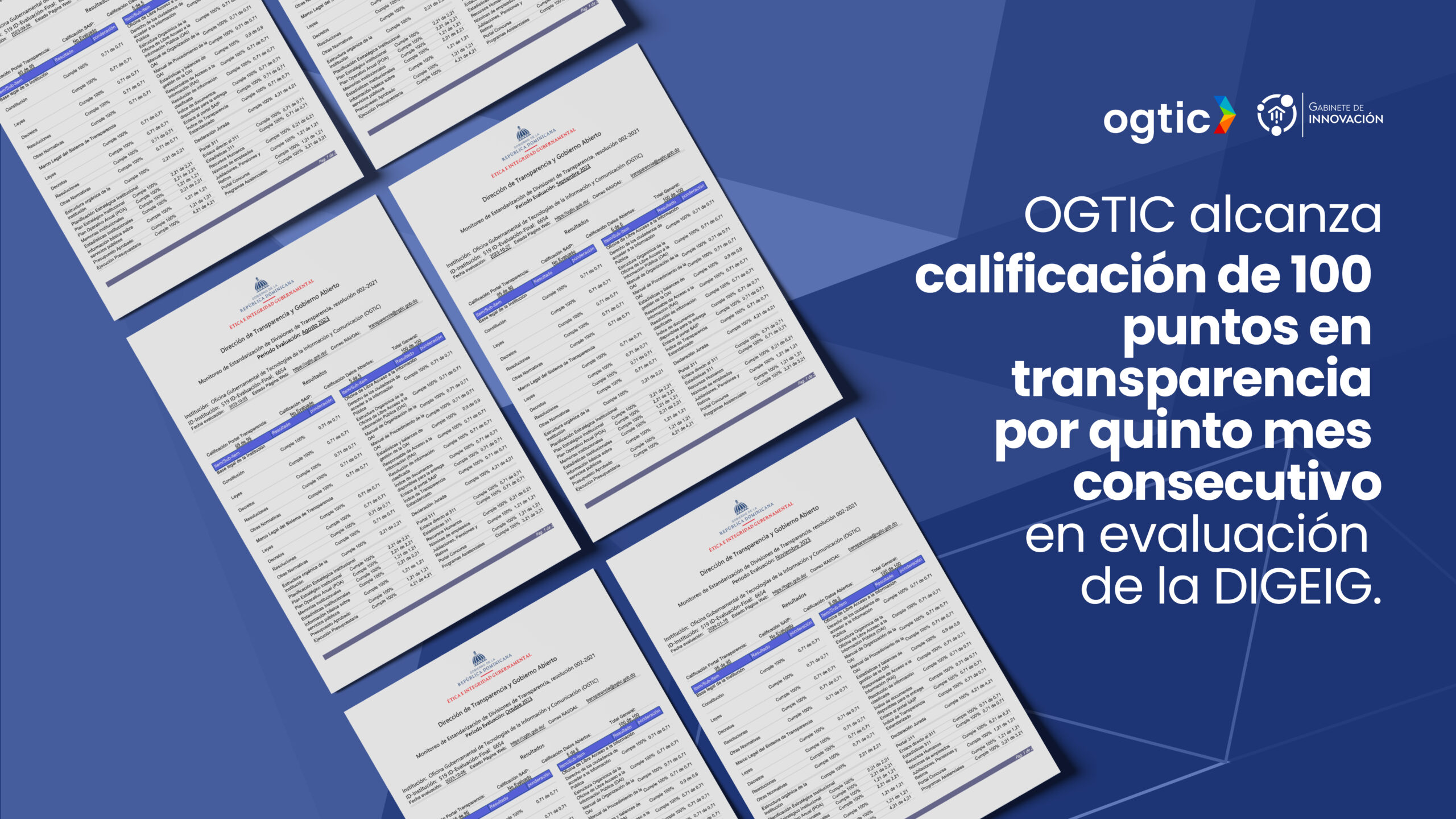 OGTIC alcanza calificación de 100% en transparencia por quinto mes consecutivo en evaluación de la DIGEIG